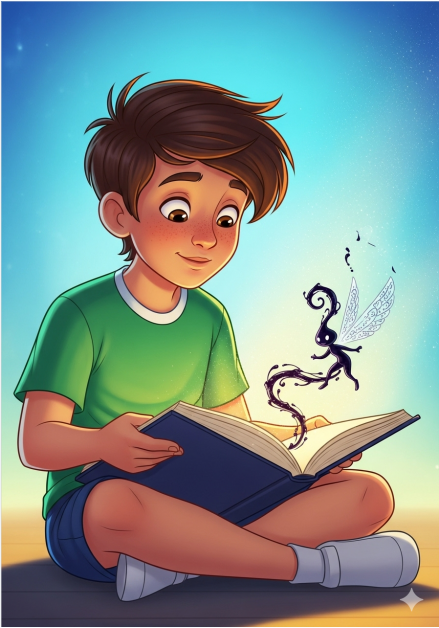 “Boy reading a magical storybook – cover of The Unwritten Tale of Orson and Runa eBook”
